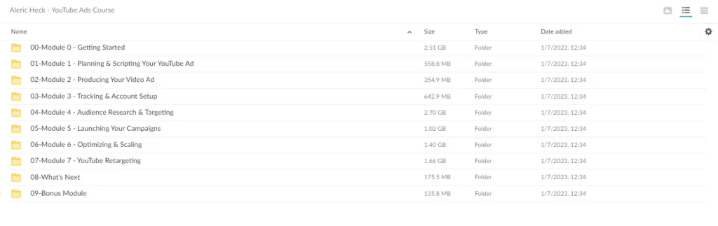 a screenshot of Aleric Heck's YouTube Ads course content