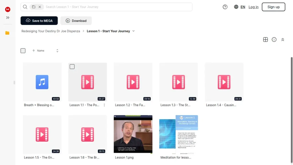 Screenshot of the Redesigning Your Destiny Lesson 1 Mega folder showing lesson video, audio, meditation, and image files