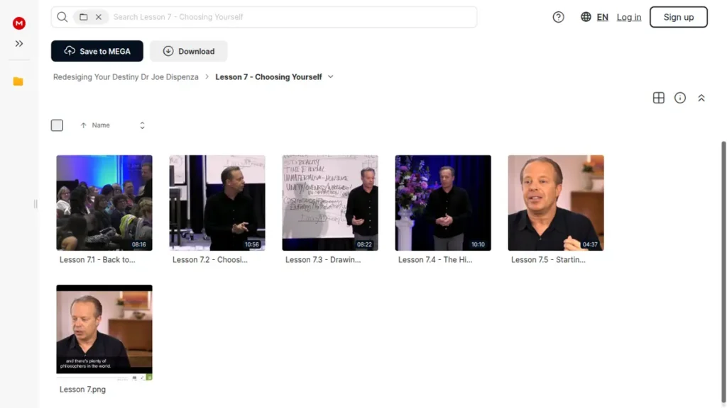 Screenshot of the Redesigning Your Destiny Lesson 7 Mega folder showing course video and image files
