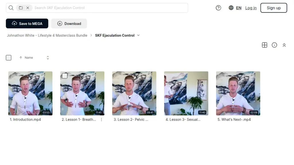 Screenshot of the Johnathan White Sexual Kung Fu Ejaculation Control folder showing video lesson files