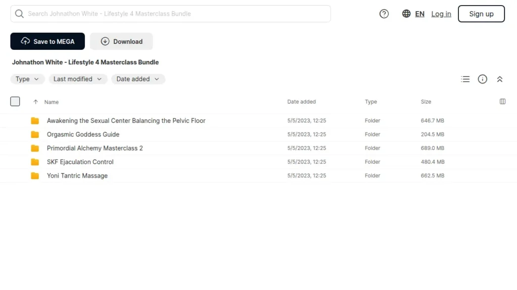 Screenshot of the Johnathan White Sexual Kung Fu Lifestyle 4 Mega folder showing the bundle folders