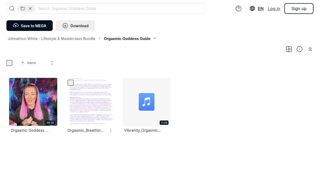 Screenshot of the Johnathan White Sexual Kung Fu Orgasmic Goddess Guide folder showing course files