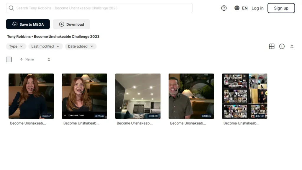 Screenshot of the Tony Robbins Become Unshakeable Challenge 2023 course folder showing five video lessons