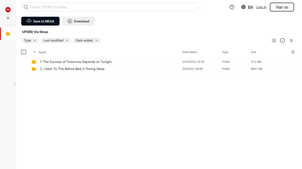 Screenshot of the UPGRD Via Sleep Complete Mega root folder showing two sleep audio program folders