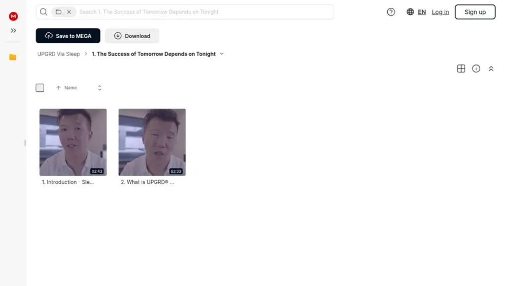 Screenshot of the UPGRD Via Sleep Complete first folder showing introduction and sleep training video files